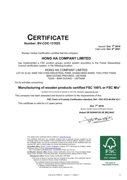 Hong Ha CDF Production Proud of Owning FSC CoC Certificate